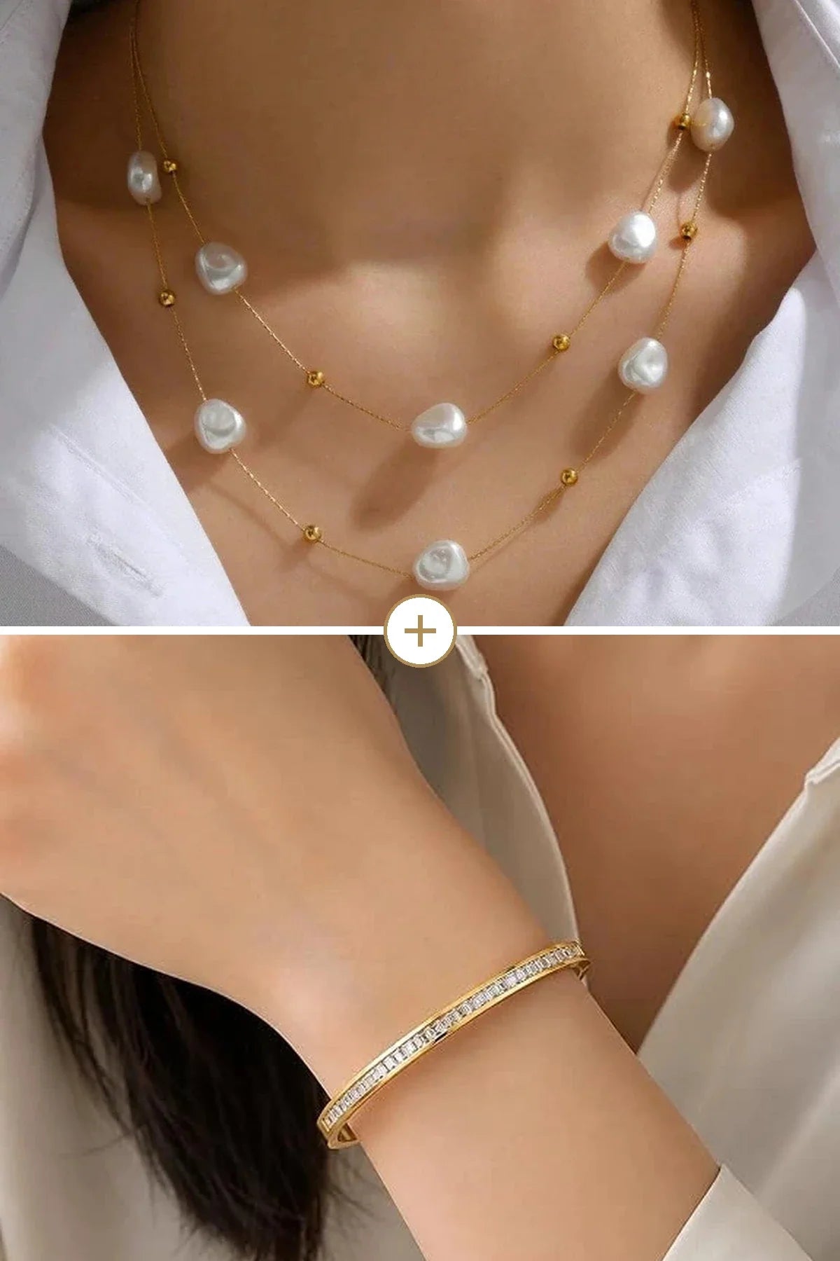 Two-layer pearl necklace worn, above a baguette stone bangle on the wrist