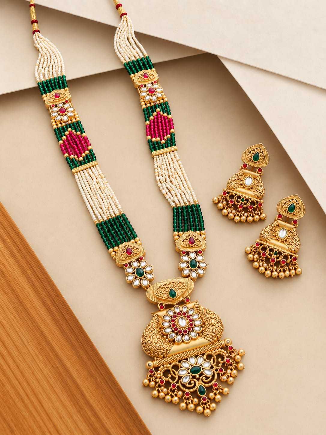 Pearl, Green and Pink Bead Long Set with Kundan Pendant