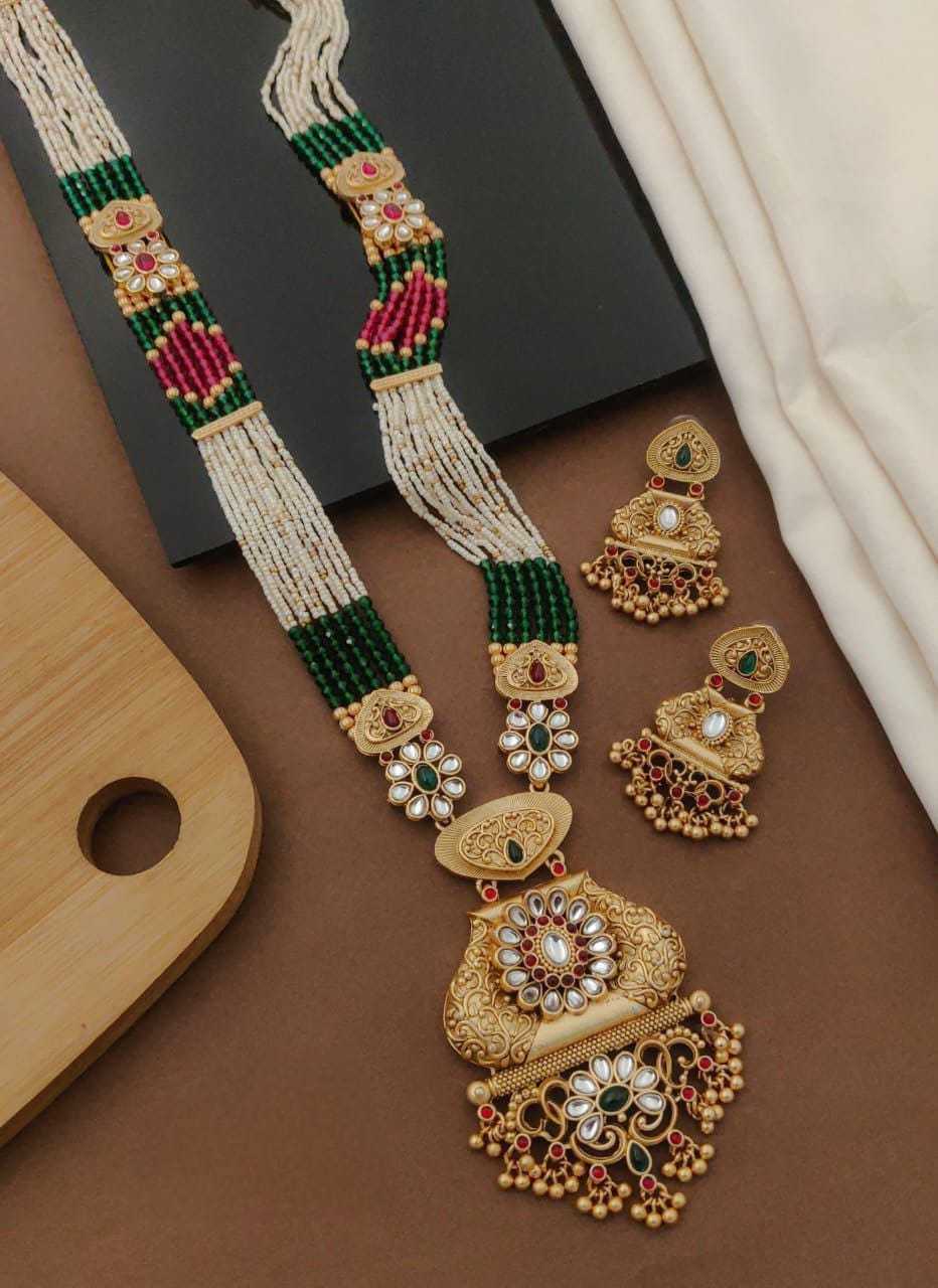 Pearl & Green Bead Long Haram with Jhumkas