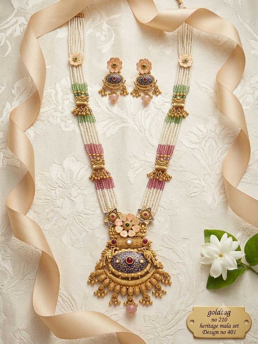 Pearl Kundan Long Necklace Set with Blue Enamel Oval Pendant