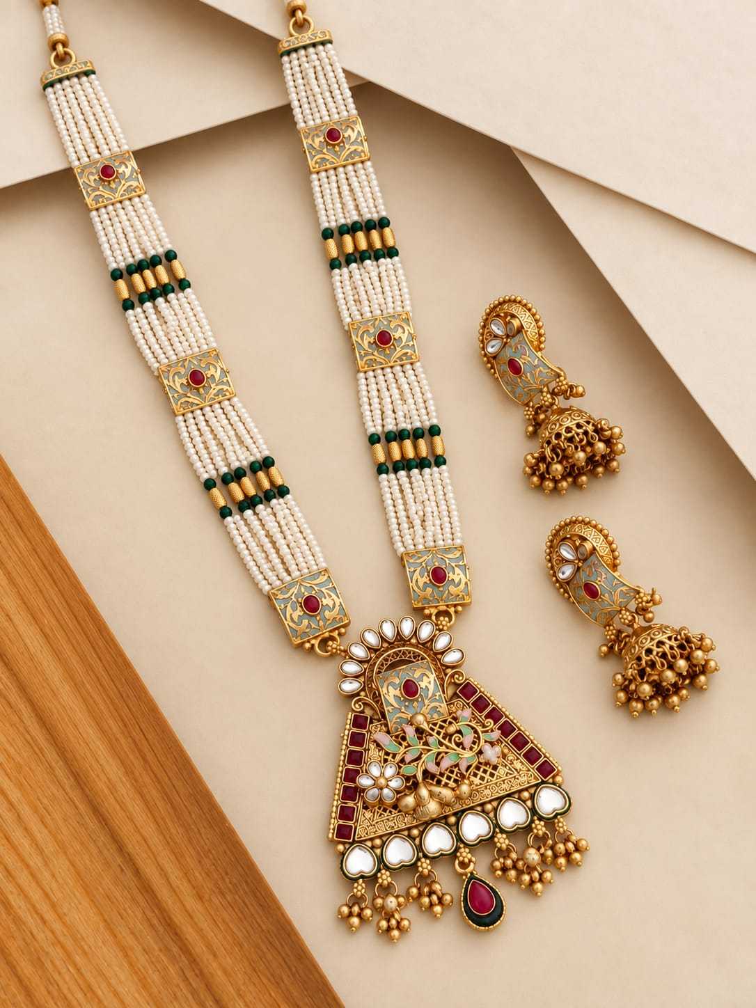 Pearl Long Set with Meenakari Temple Pendant and Jhumkas