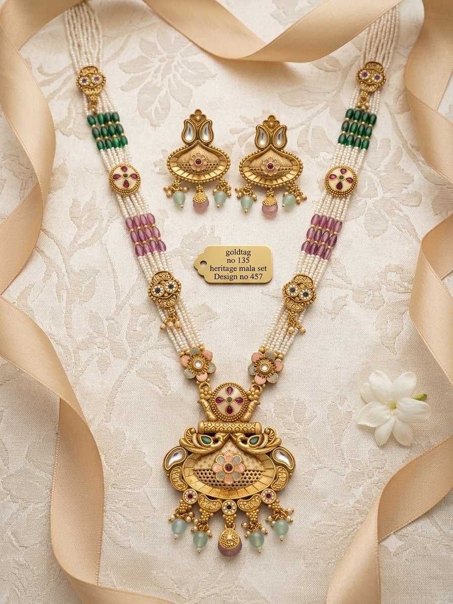 Pearl Mala Set with Peacock Pendant and Mint Bead Drops