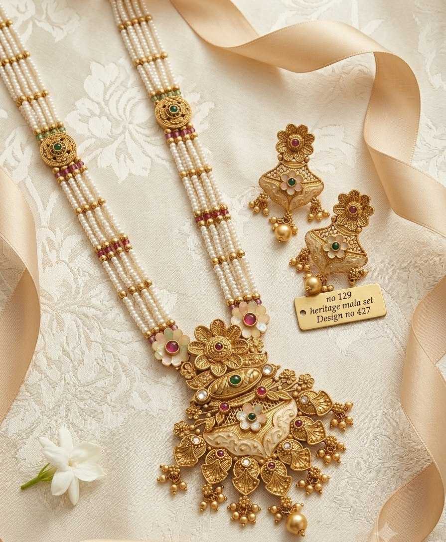 Pearl Rani Haar Set with Cream Enamel Floral Pendant