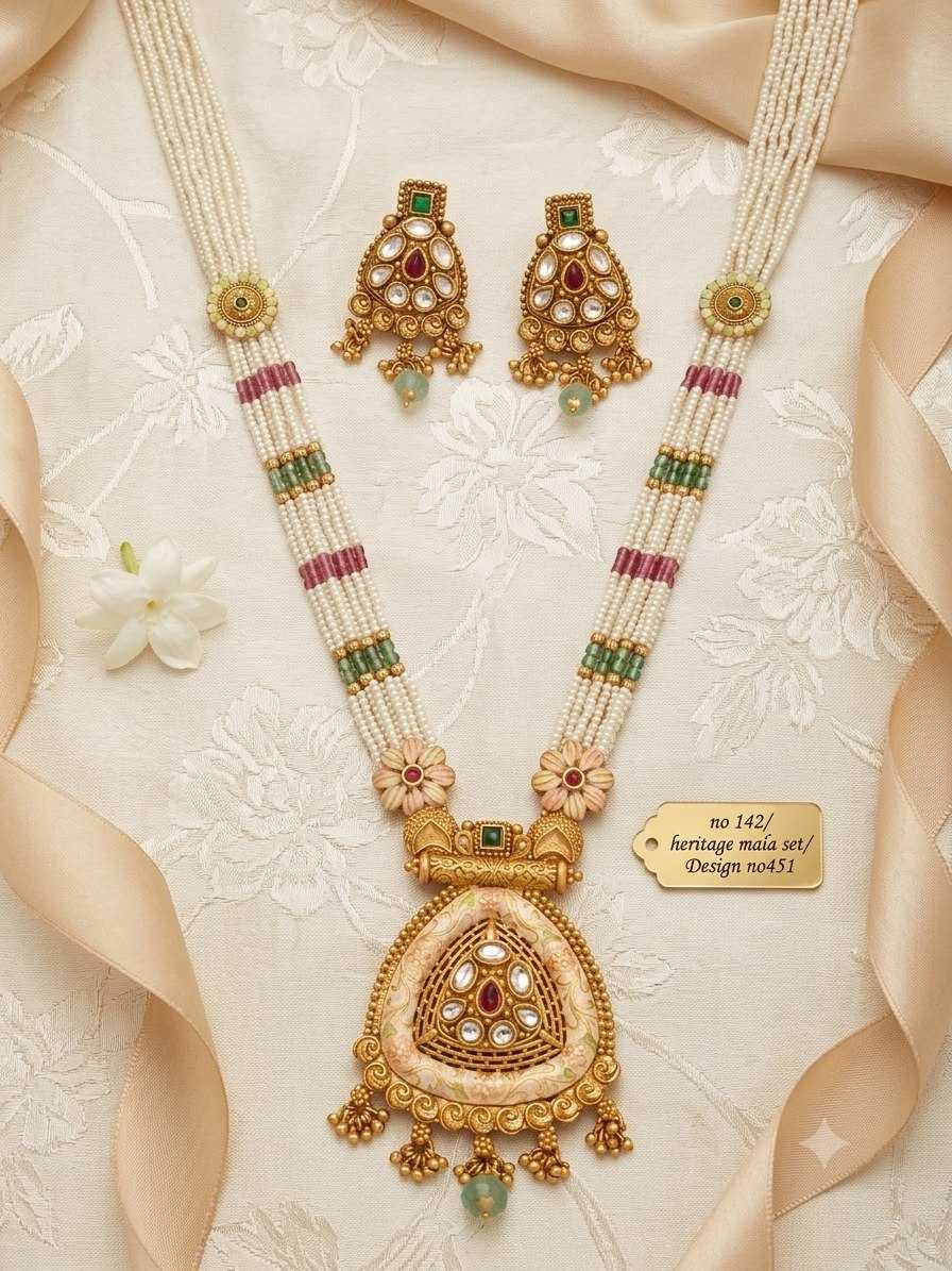 Pearl Rani Haar Set with Peach Enamel Kundan Trillion Pendant