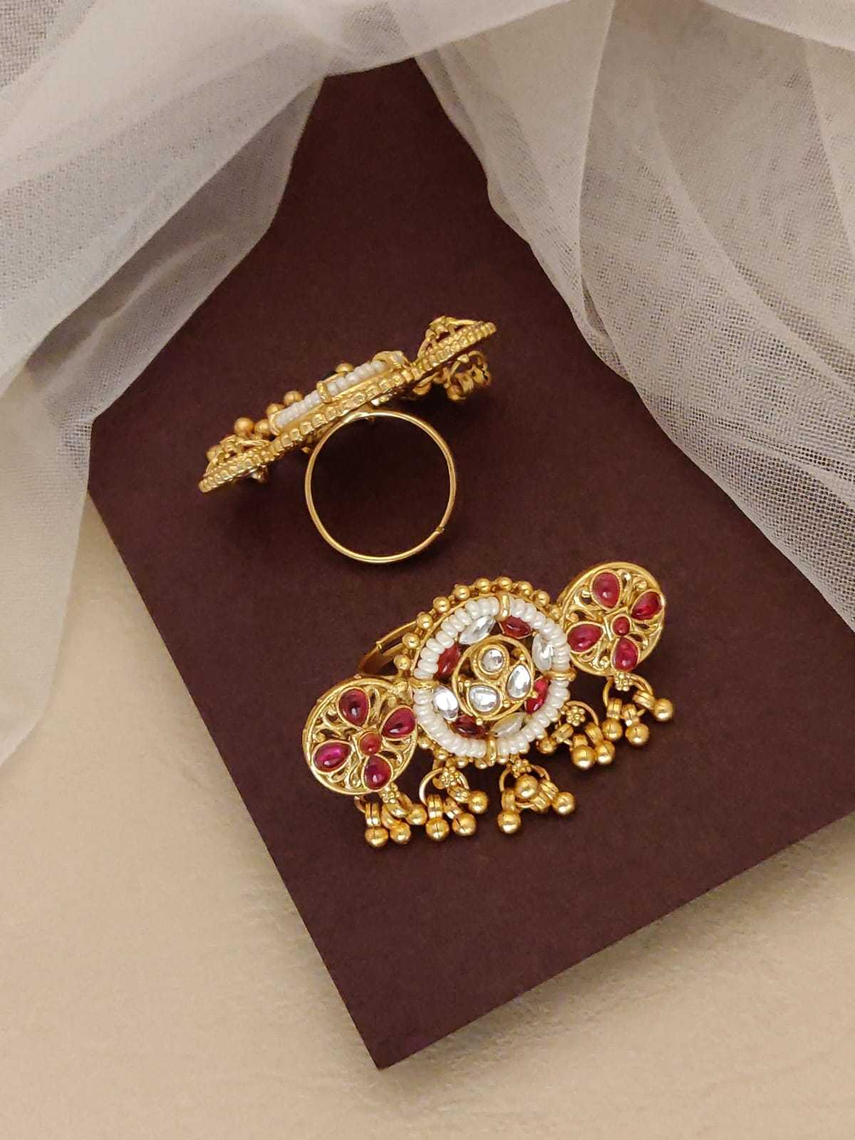 Pearl Work Statement Ring with Ghungroo Drops