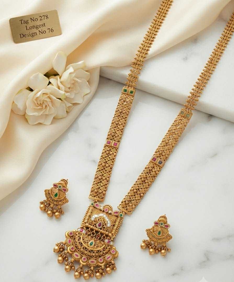 Pink and Green Stone Jaali Long Necklace Set with Bead Fringe