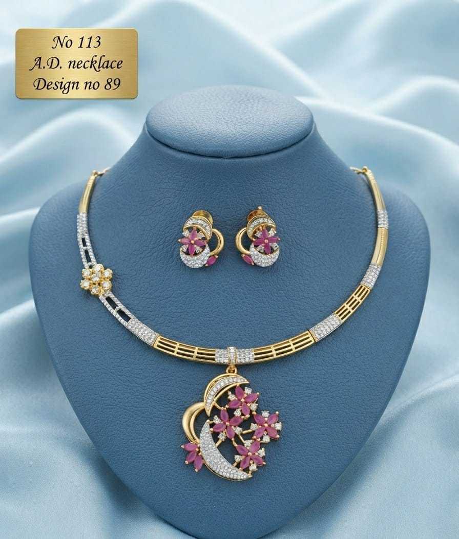 Pink Flower Crescent AD Hasli Necklace Set with Floral Studs
