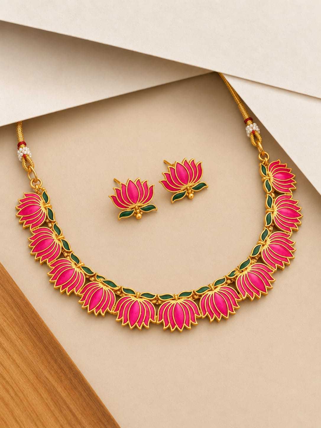 Pink Lotus Enamel Choker Necklace with Lotus Studs