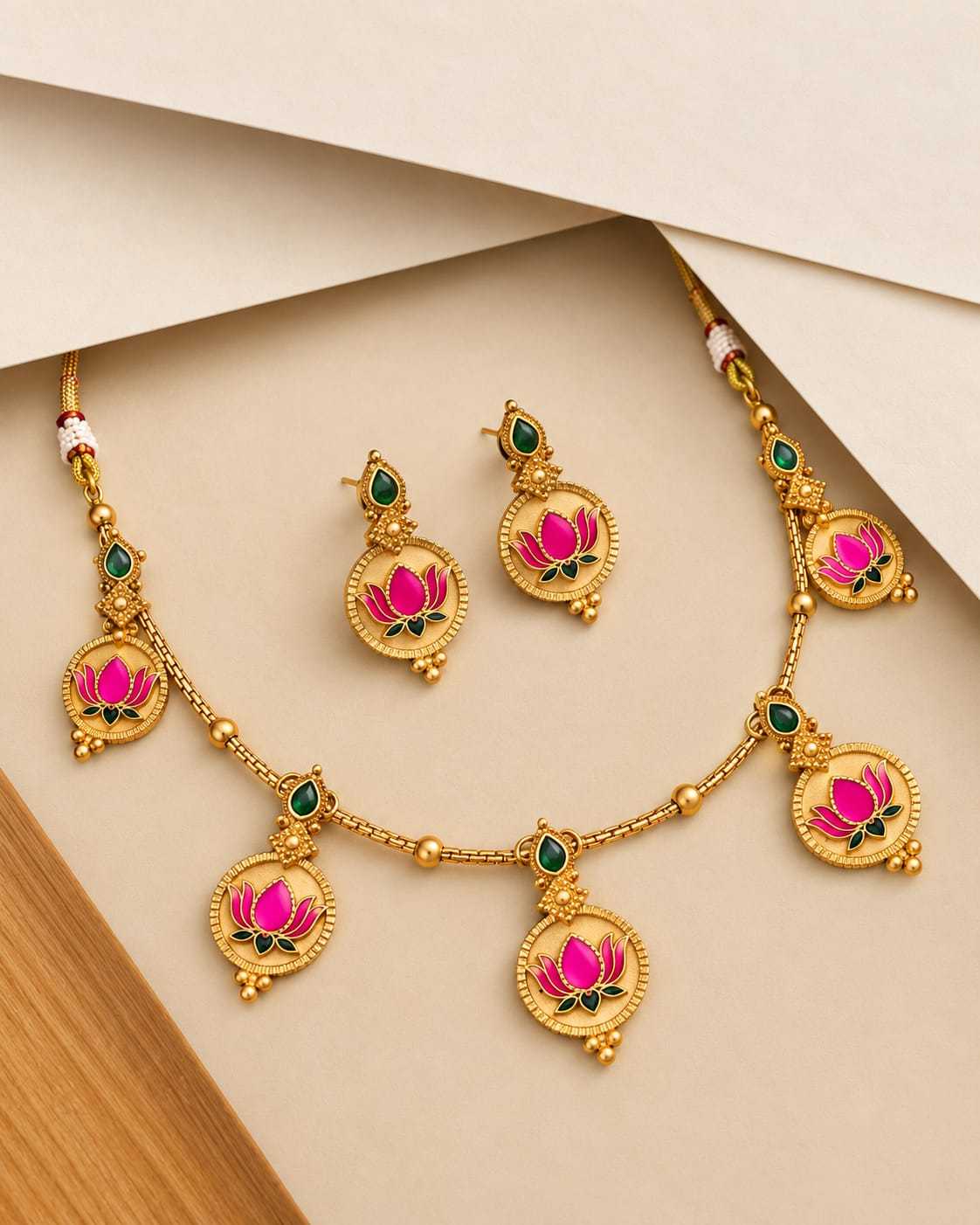 Pink Lotus Medallion Necklace Set with Drop Earrings