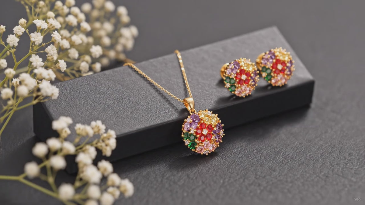 Multicolour Floral Gold-Tone Pendant Set with Stud Earrings