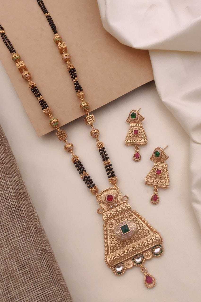 Rajvadi Long Mangalsutra Set with Green & Red Stones