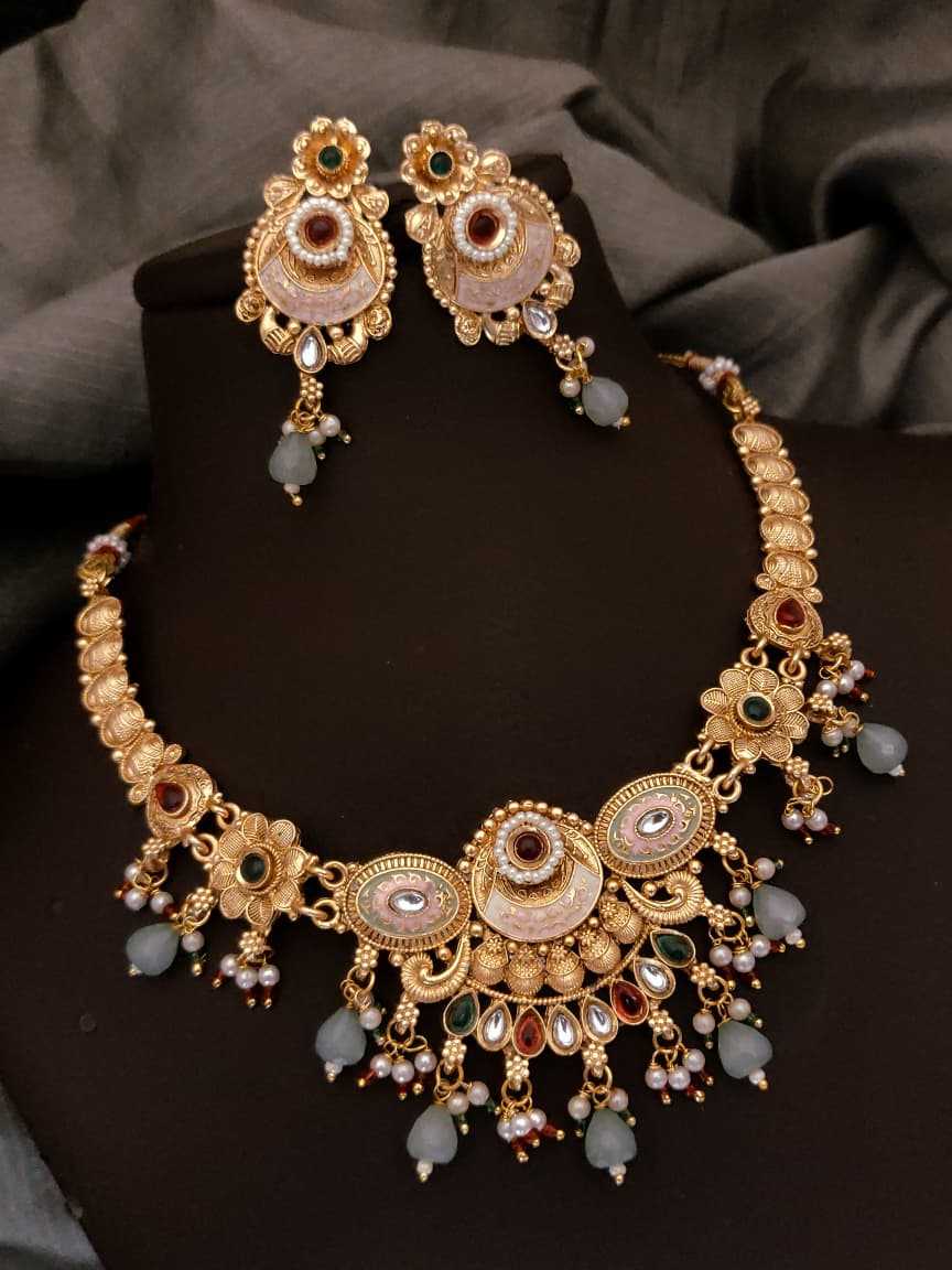 Rajvadi Temple Necklace Set in Matte Gold