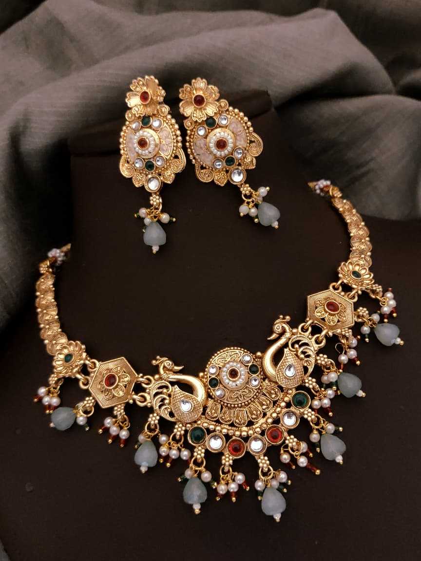 Rajvadi Temple Necklace Set in Matte Gold