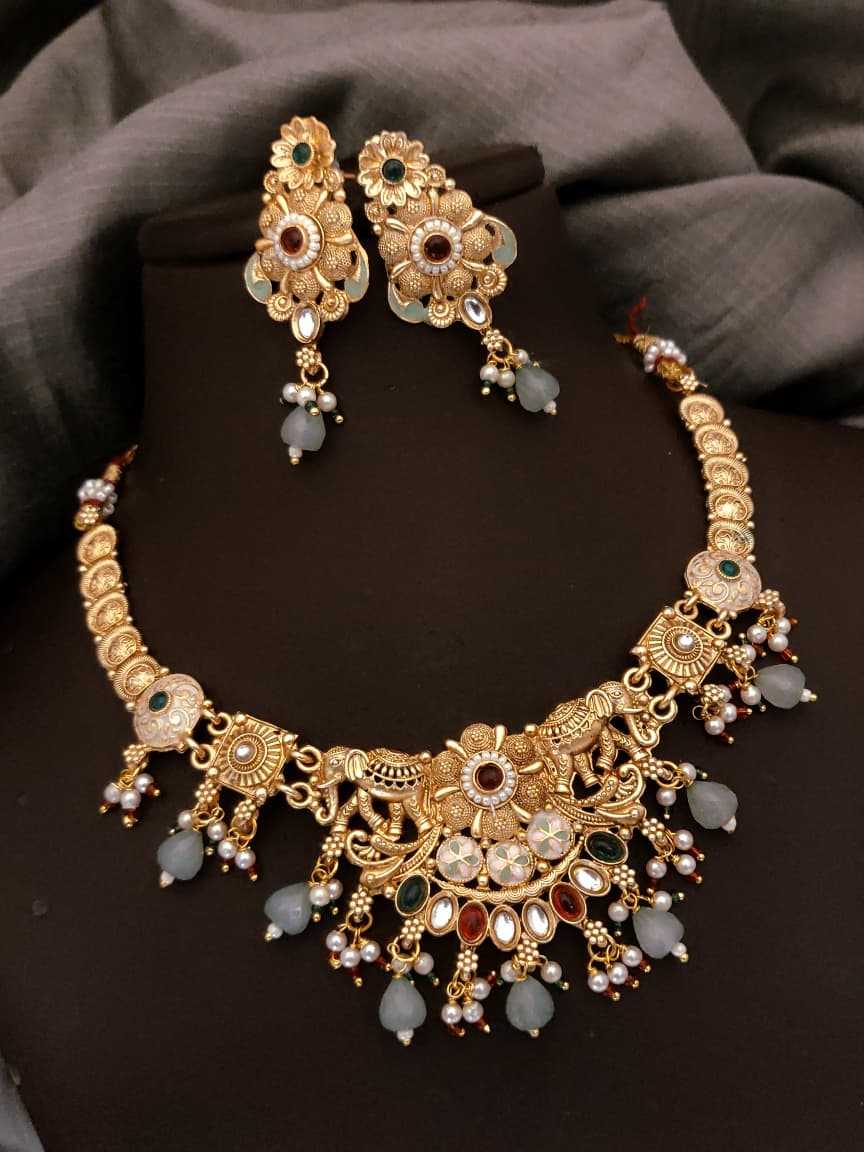 Rajvadi Temple Necklace Set in Matte Gold