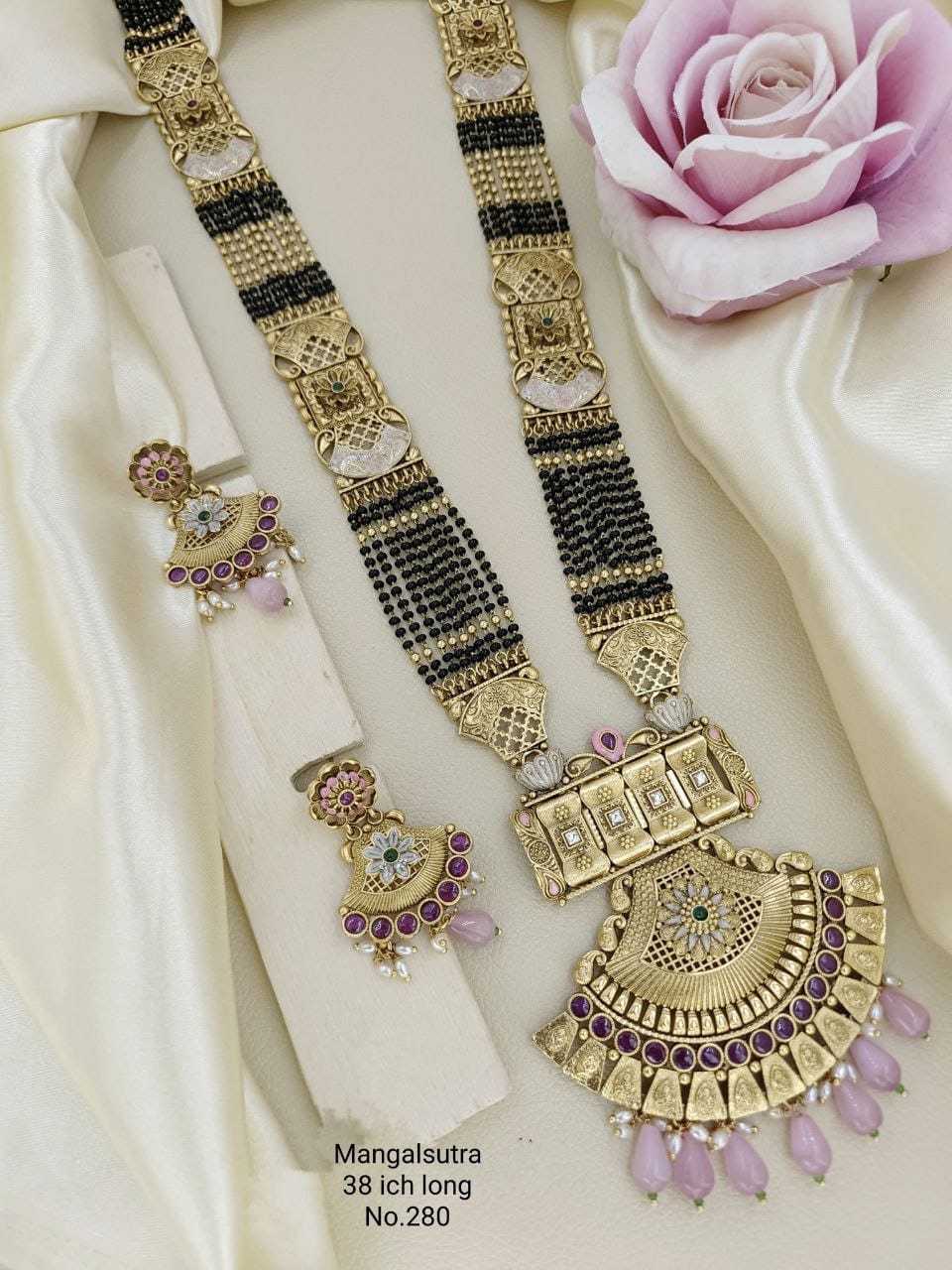 Rajwadi Aagri Koli Long Mangalsutra with Pink Bead Drops