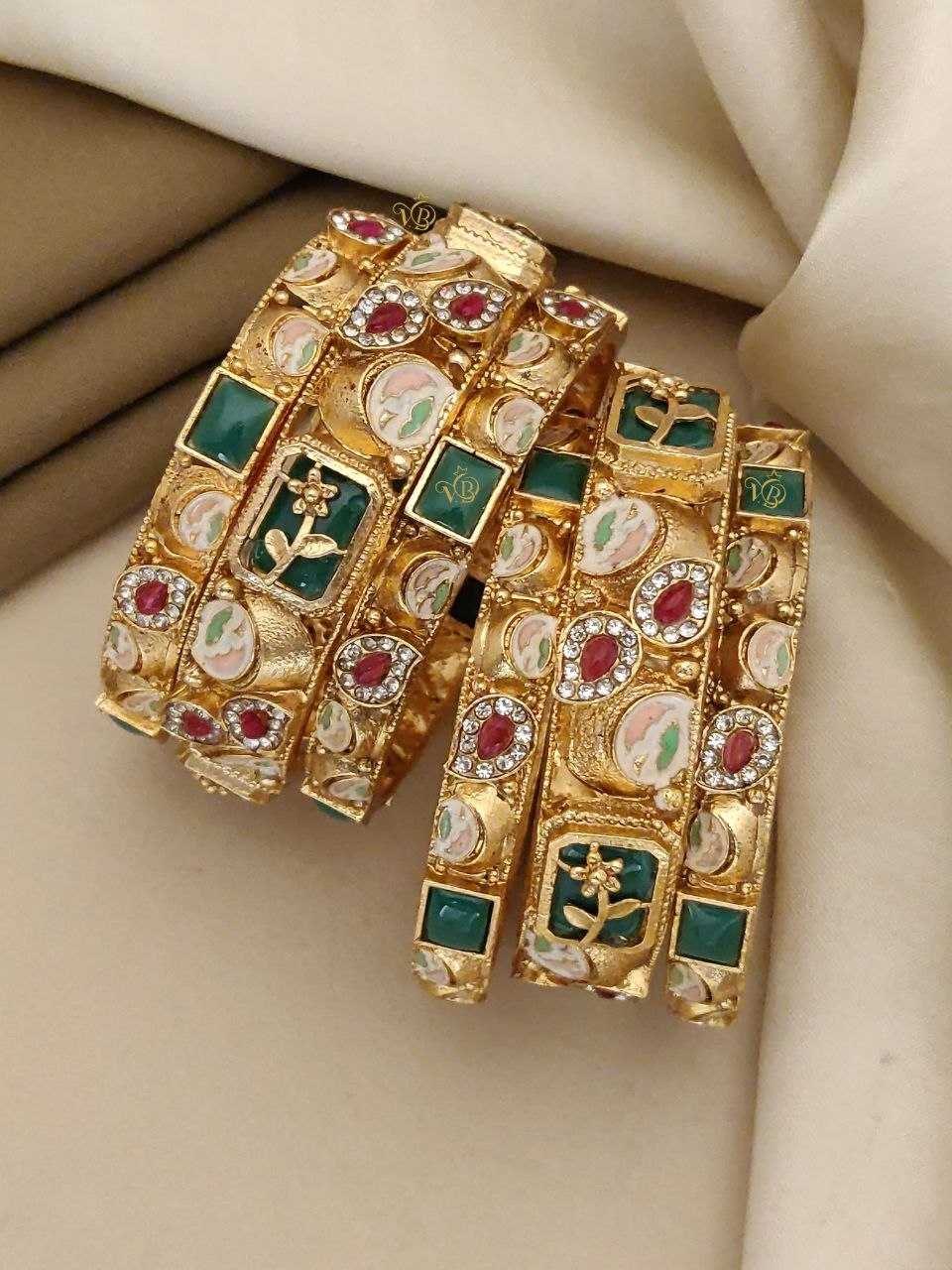 Rajwadi Bangles with Green Red Stones & Meenakari