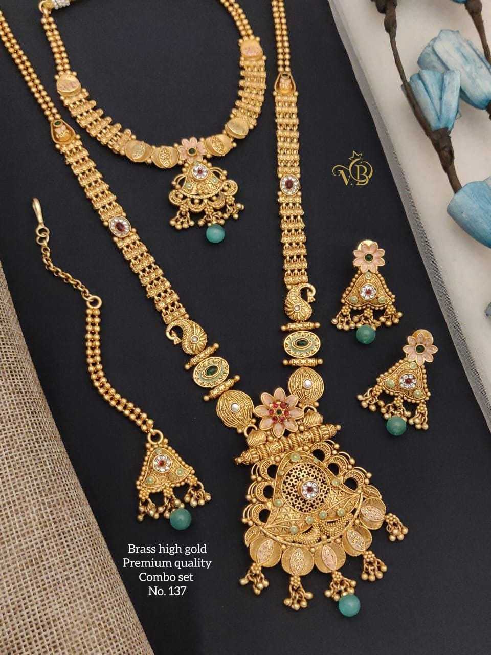 Rajwadi Bridal Combo Set with Long Haram, Choker and Maang Tikka