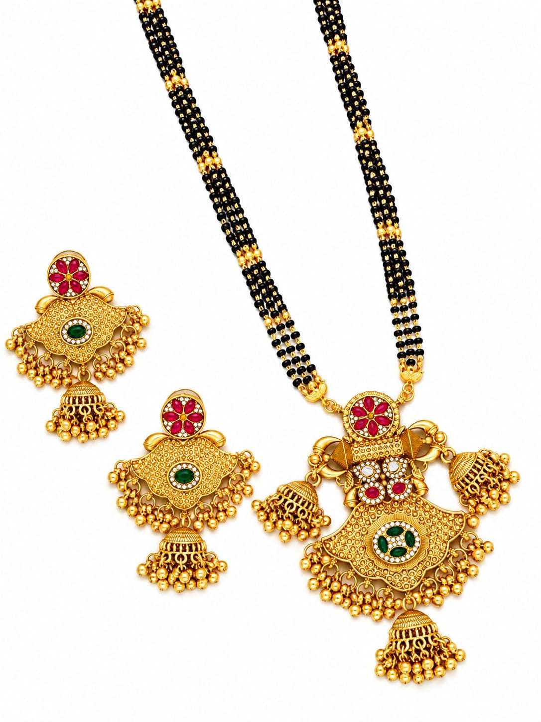 Rajwadi Fan Pendant Mangalsutra with Ghungroo Jhumka Earrings