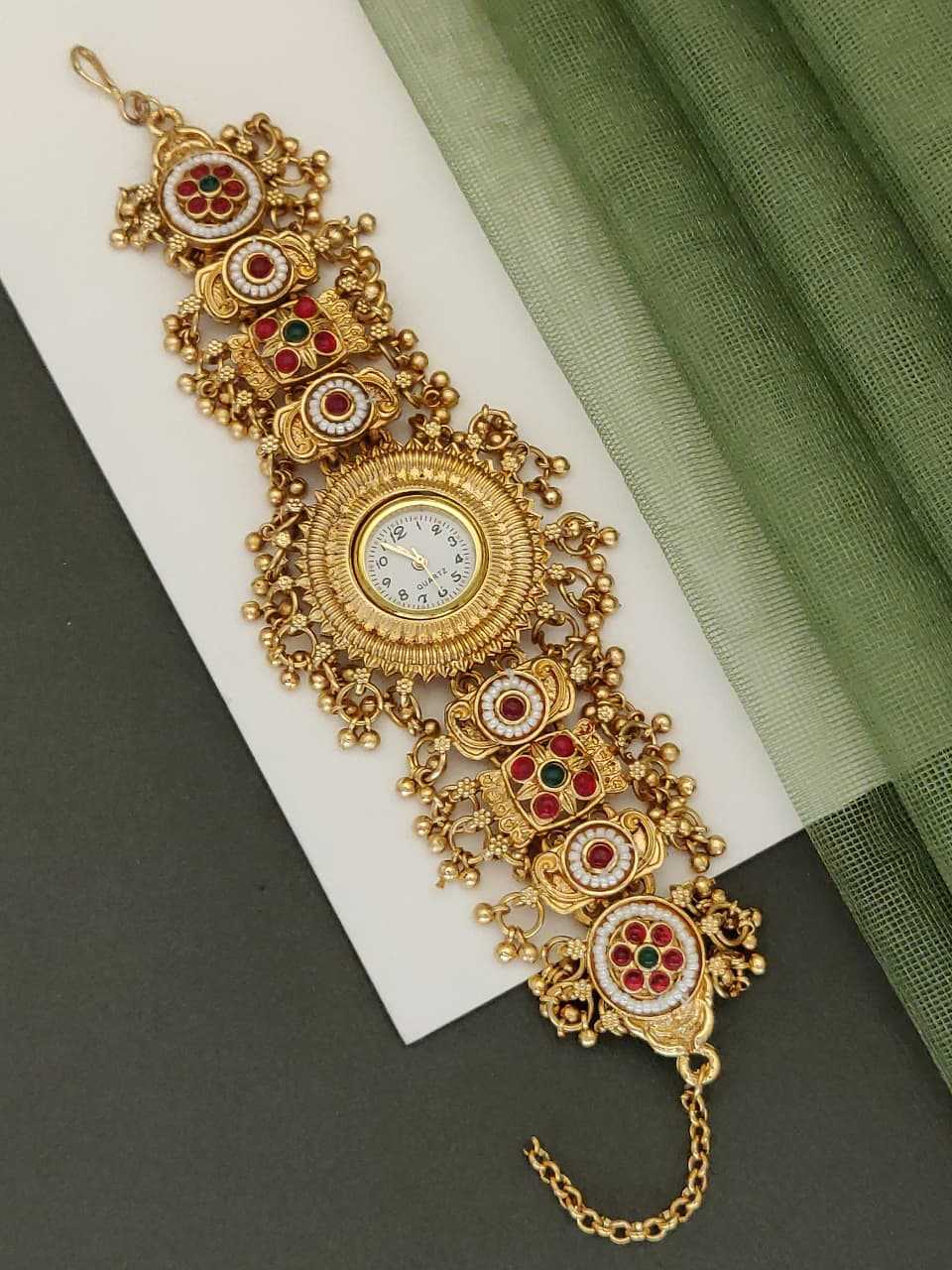 Rajwadi Gold-Plated Bracelet Watch with Kemp Stones and Ghungroo