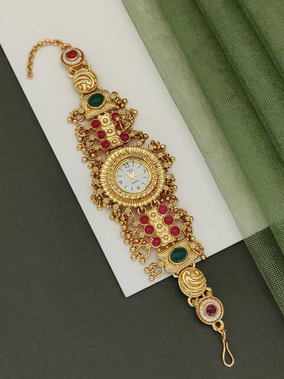 Rajwadi Gold-Plated Bracelet Watch with Kemp Stones and Ghungroo