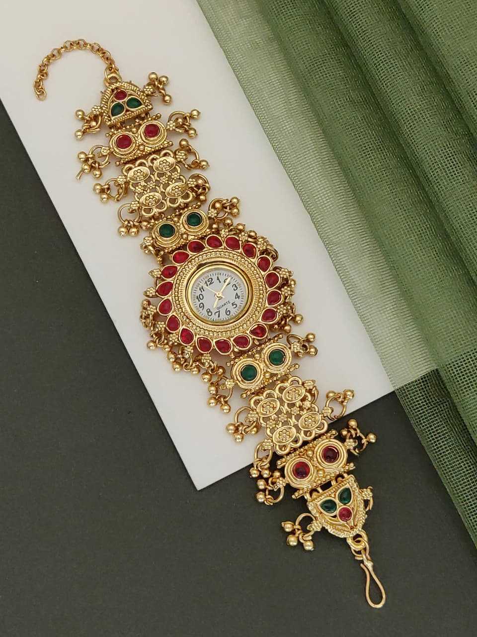 Rajwadi Gold-Plated Bracelet Watch with Kemp Stones and Ghungroo