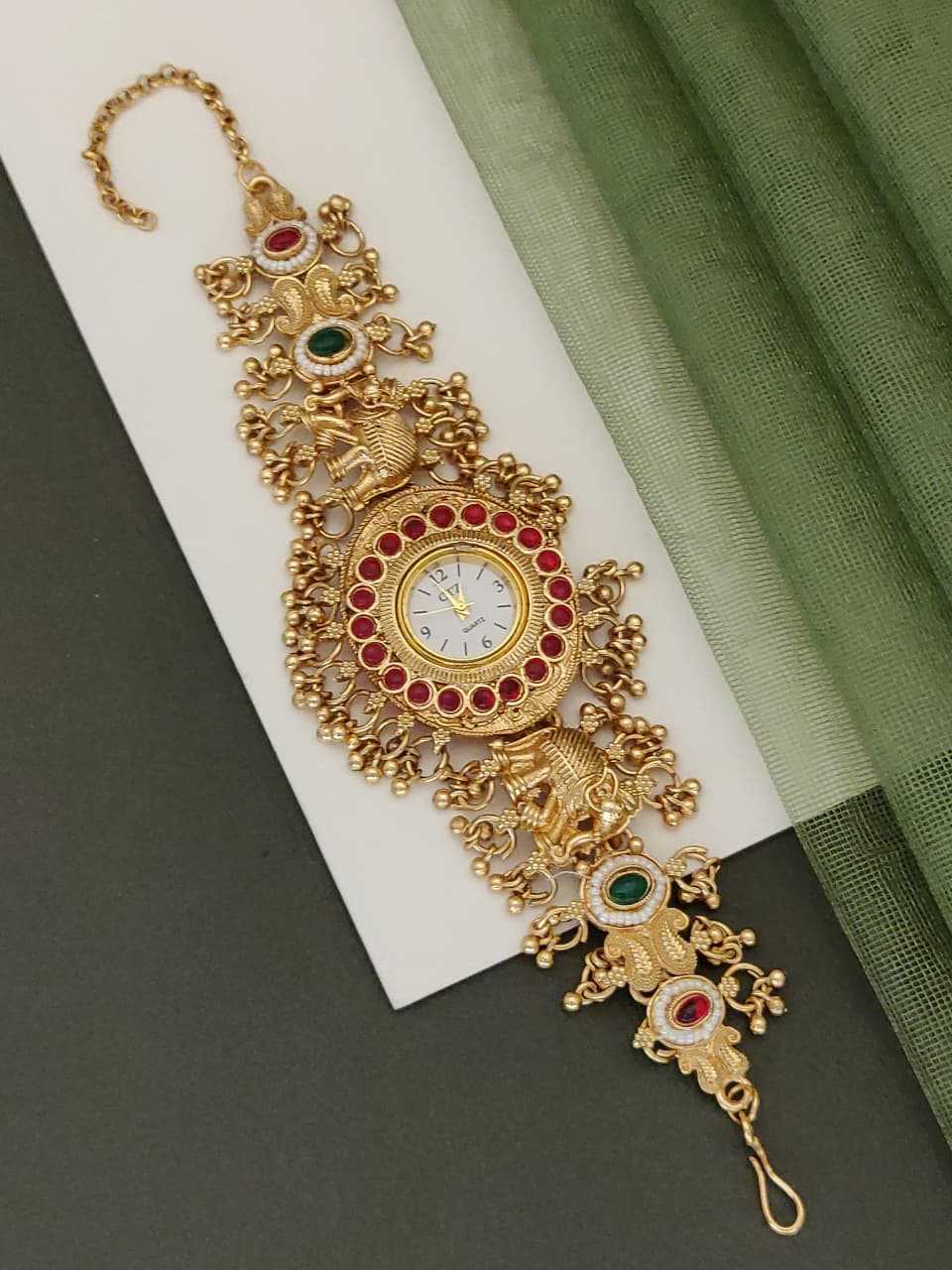 Rajwadi Gold-Plated Bracelet Watch with Kemp Stones and Ghungroo