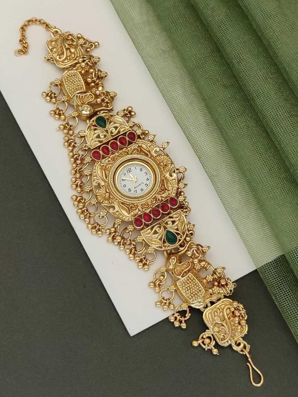 Rajwadi Gold-Plated Bracelet Watch with Kemp Stones and Ghungroo