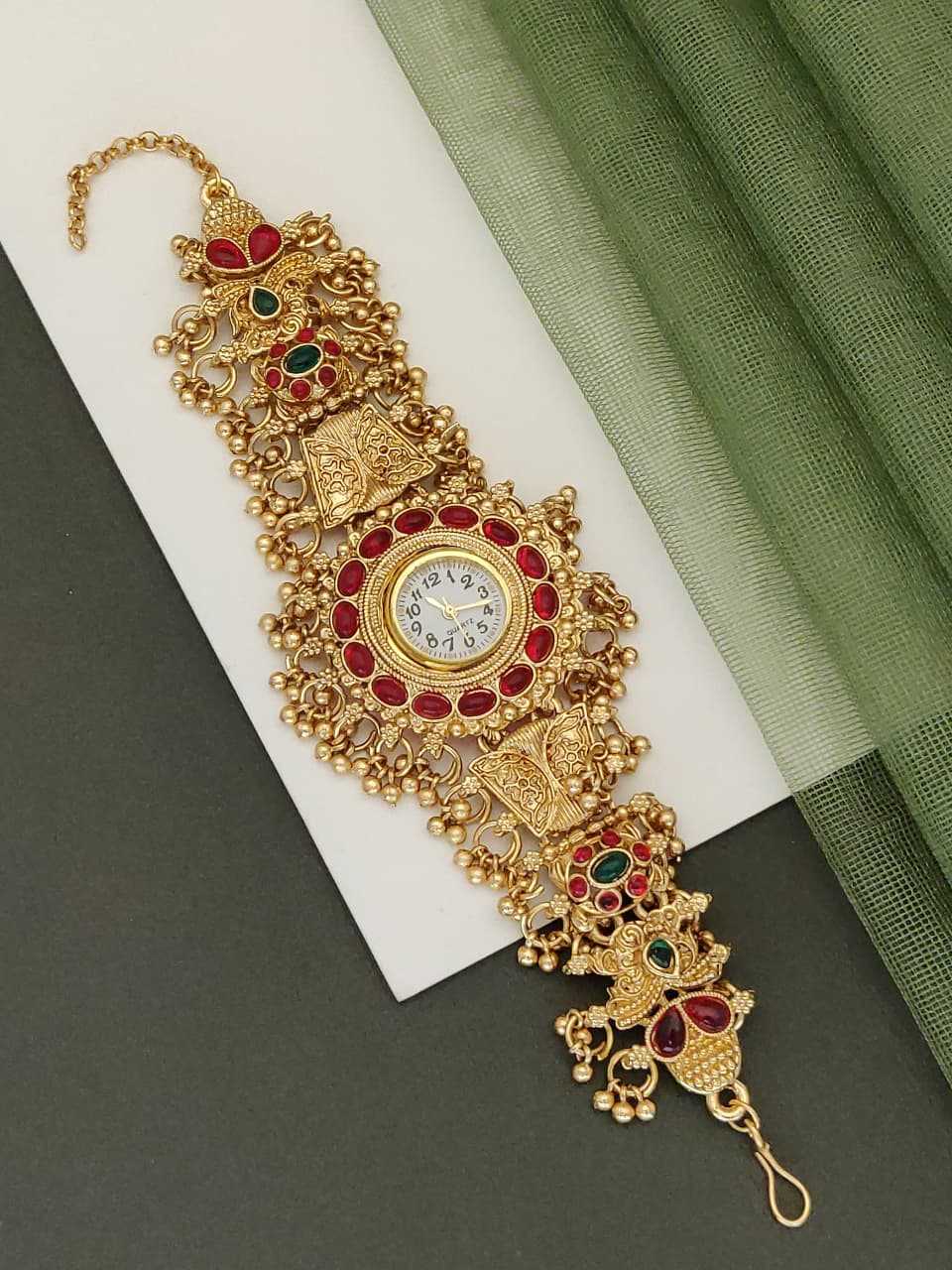 Rajwadi Gold-Plated Bracelet Watch with Kemp Stones and Ghungroo