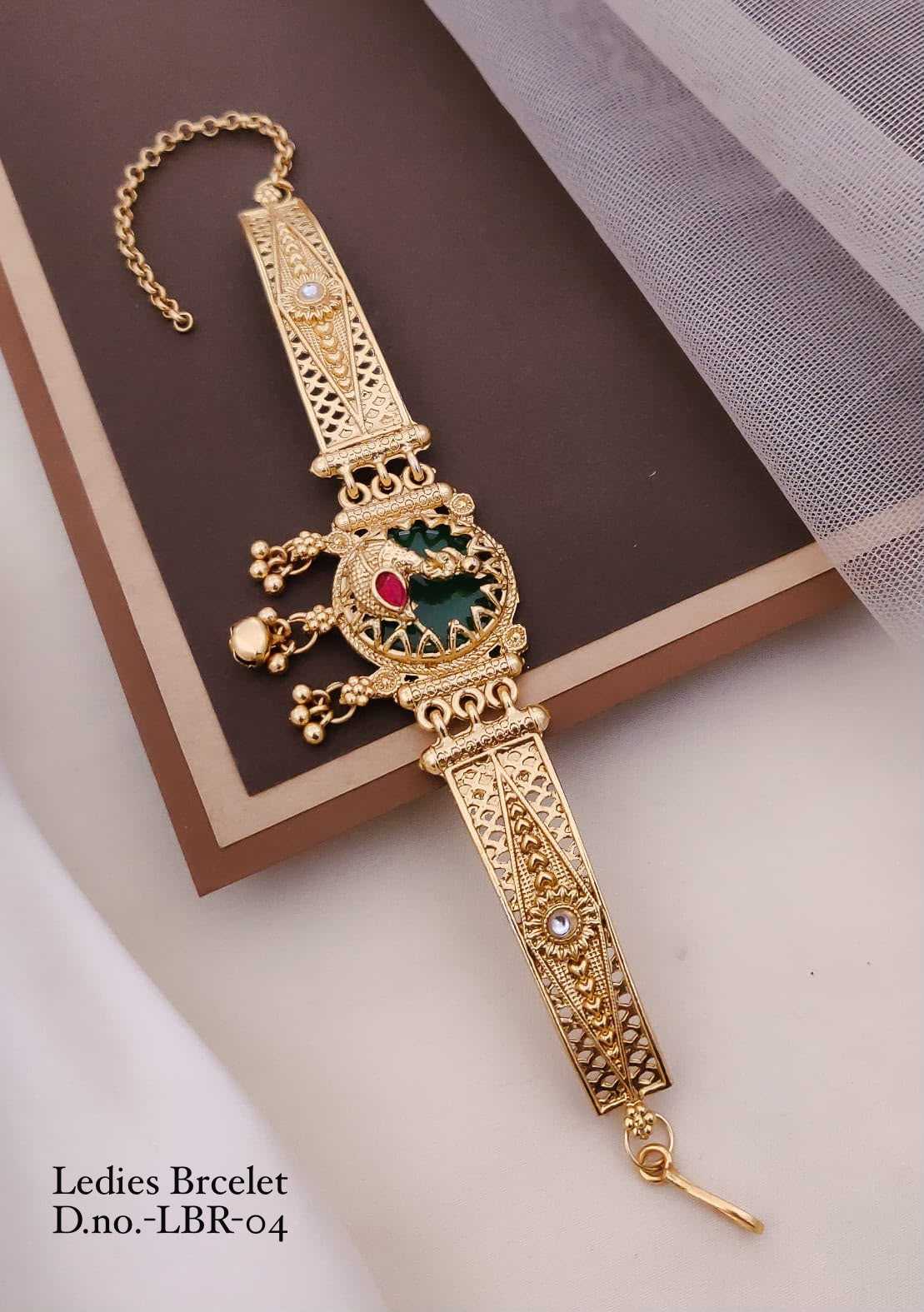 Rajwadi Hand Bracelet with Green & Pink Stones