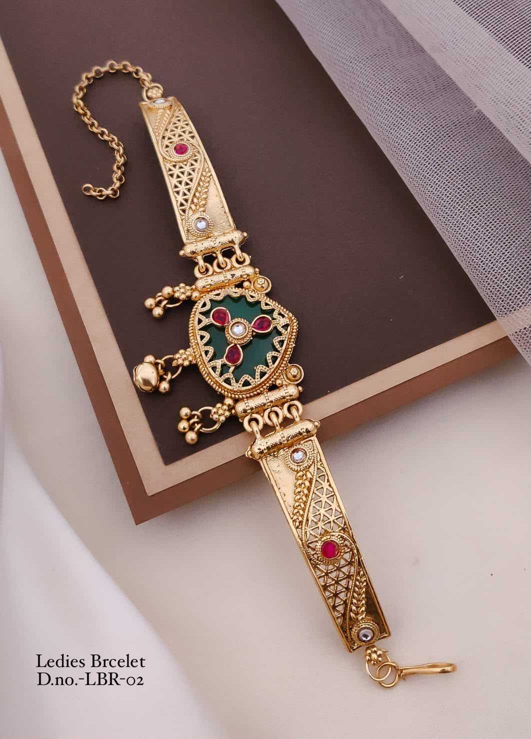 Rajwadi Hand Bracelet with Green & Pink Stones