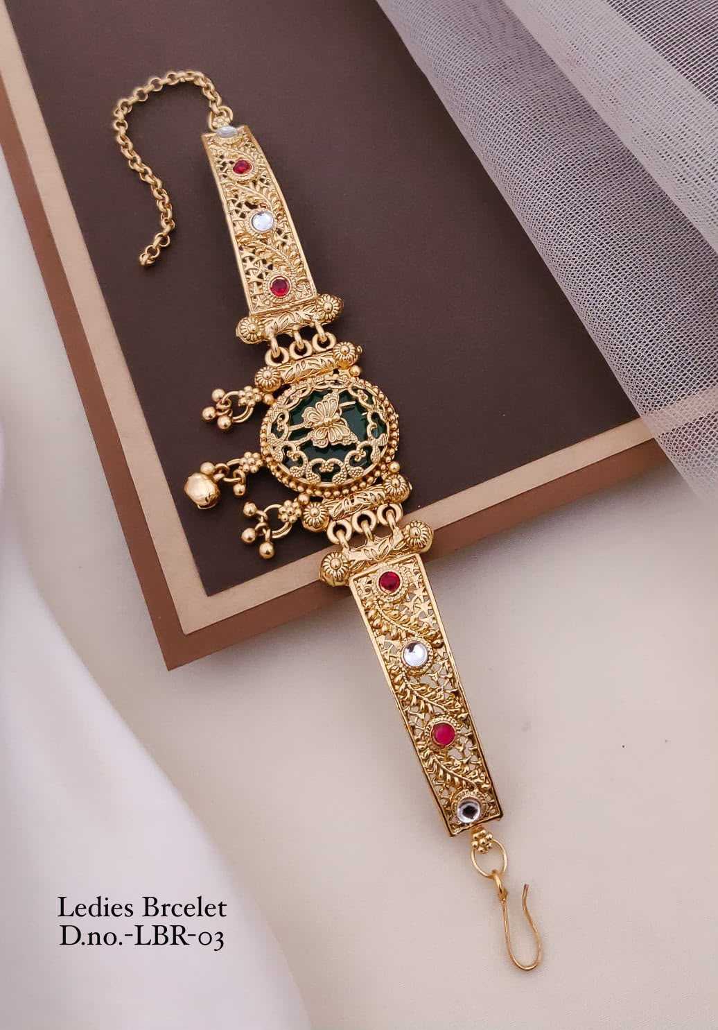 Rajwadi Hand Bracelet with Green & Pink Stones