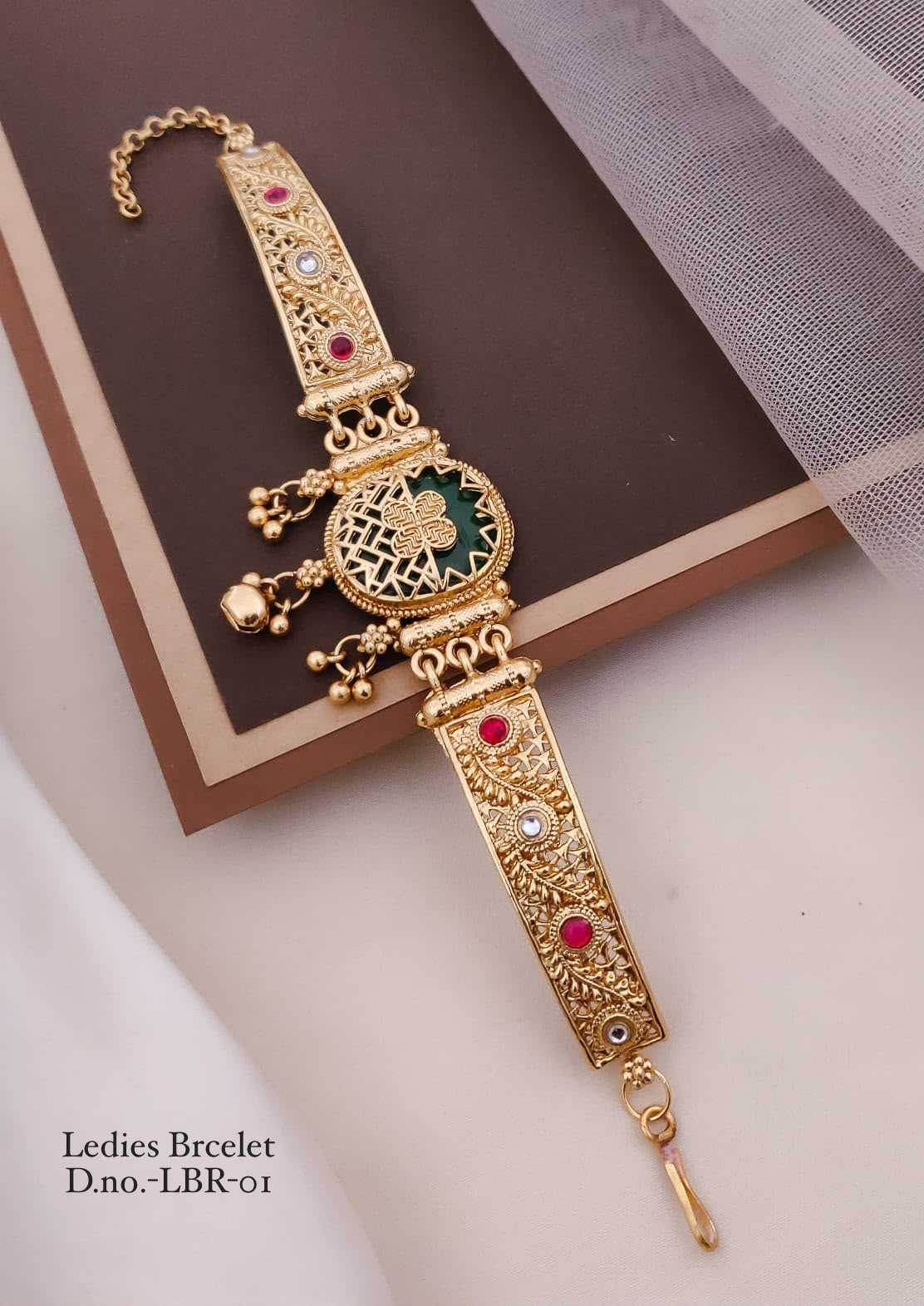 Rajwadi Hand Bracelet with Green & Pink Stones