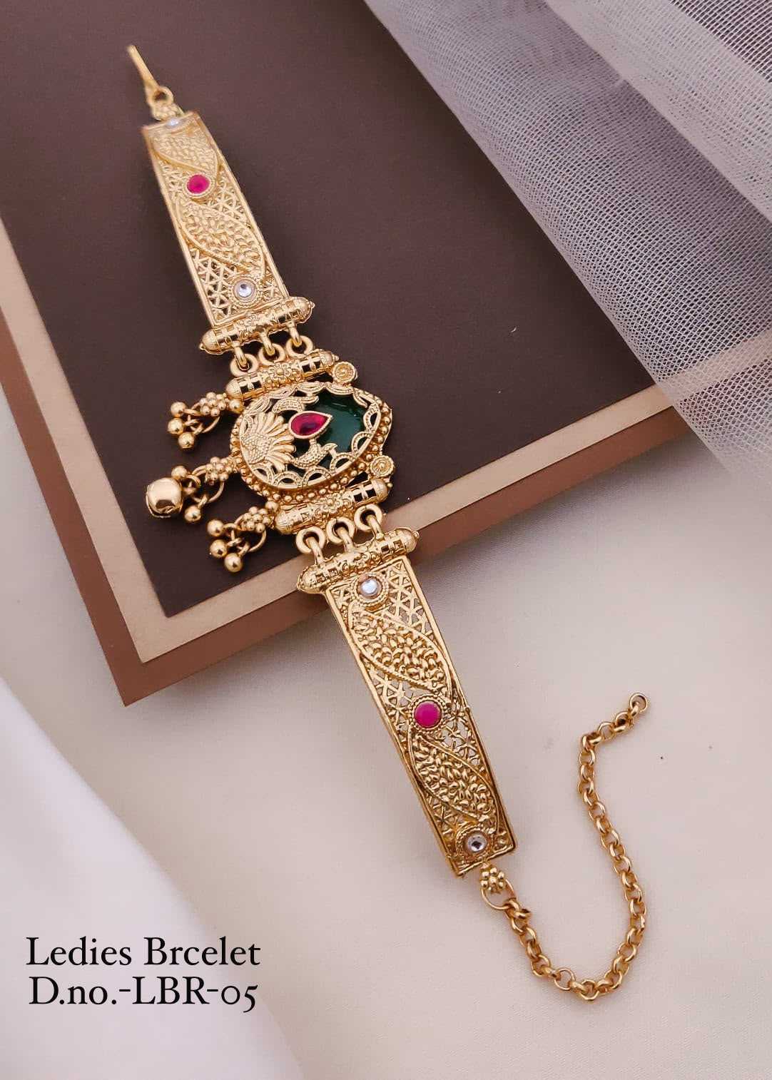 Rajwadi Hand Bracelet with Green & Pink Stones
