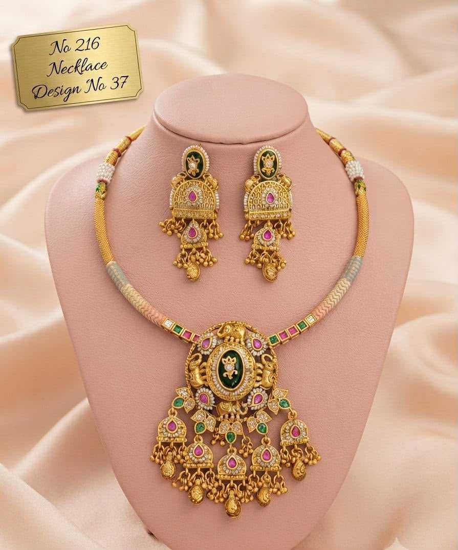 Rajwadi Hasli Necklace Set with Elephant Pendant and Green Enamel