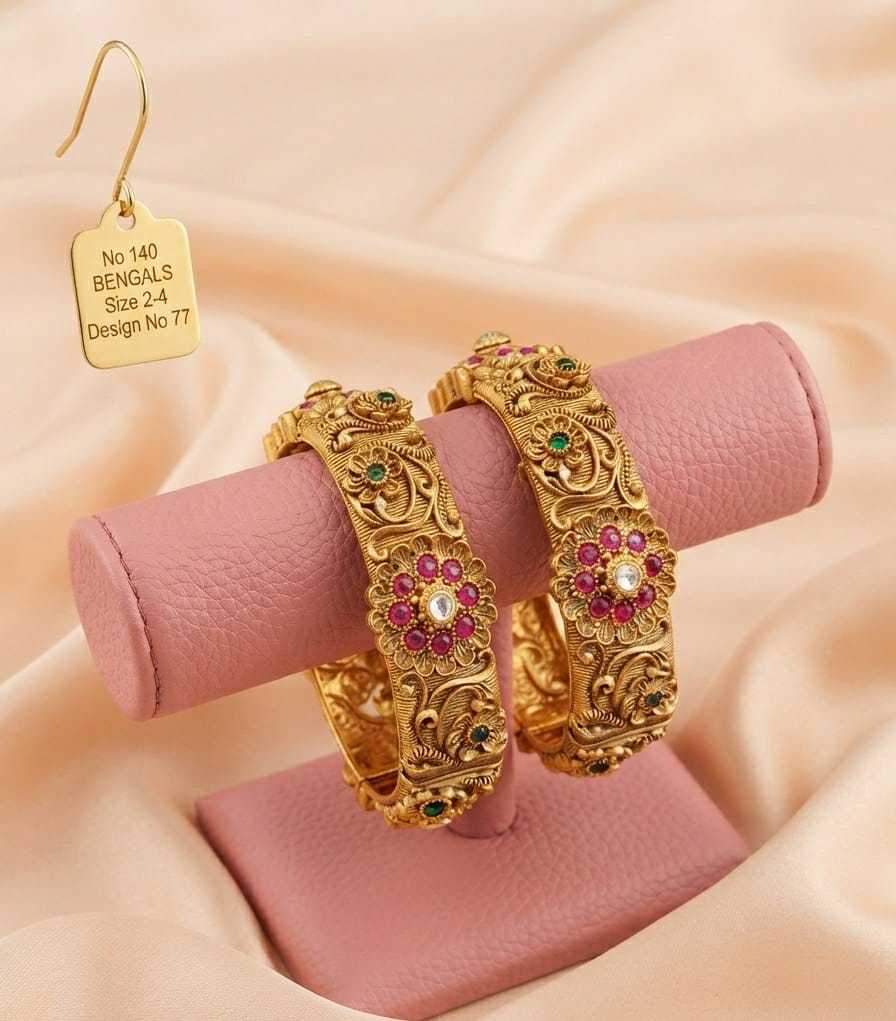 Rajwadi Kada Pair with Faux Pearls and Ruby-Green Stones
