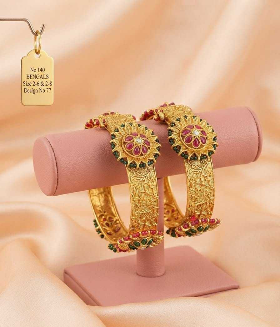 Rajwadi Kada Pair with Faux Pearls and Ruby-Green Stones