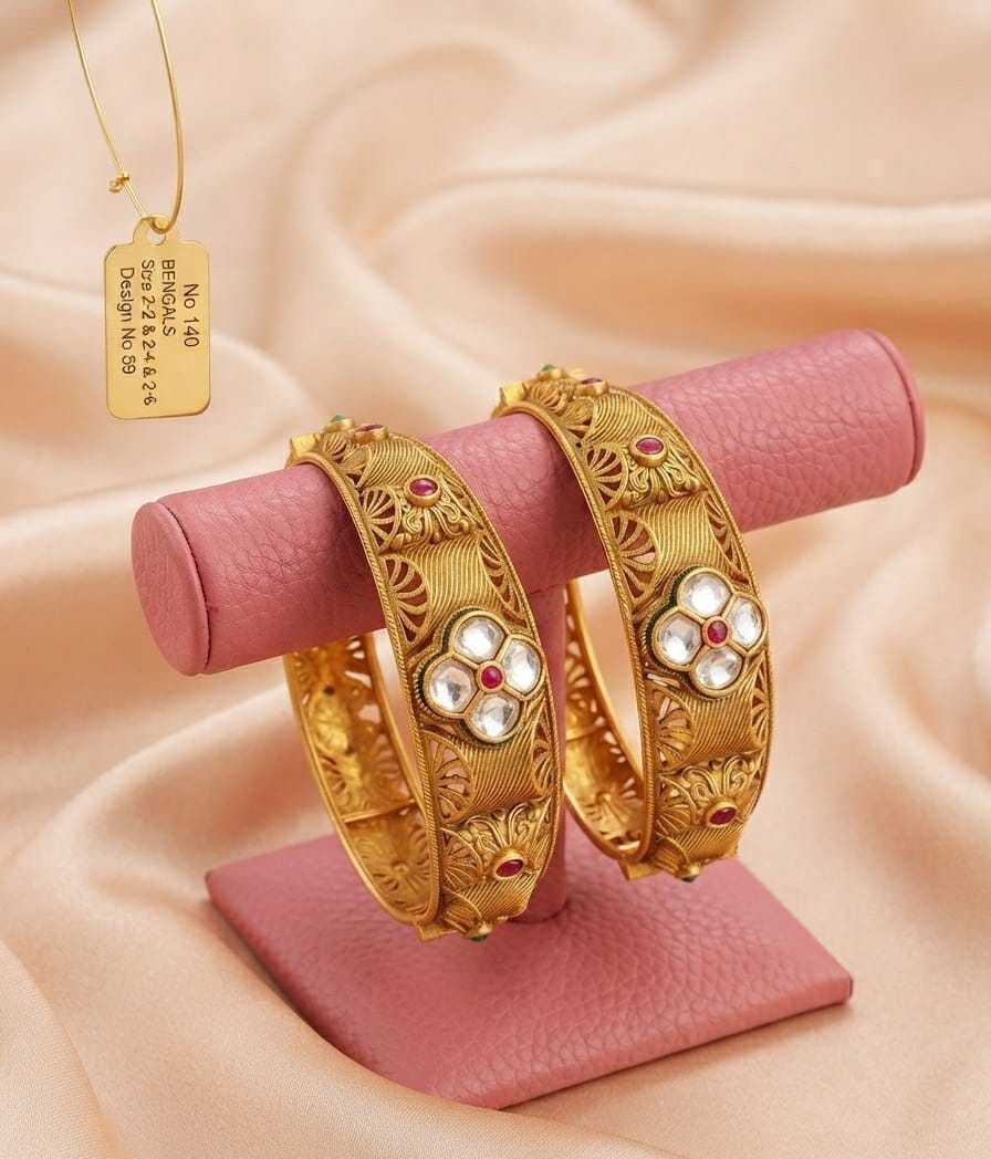 Rajwadi Kada Pair with Faux Pearls and Ruby-Green Stones