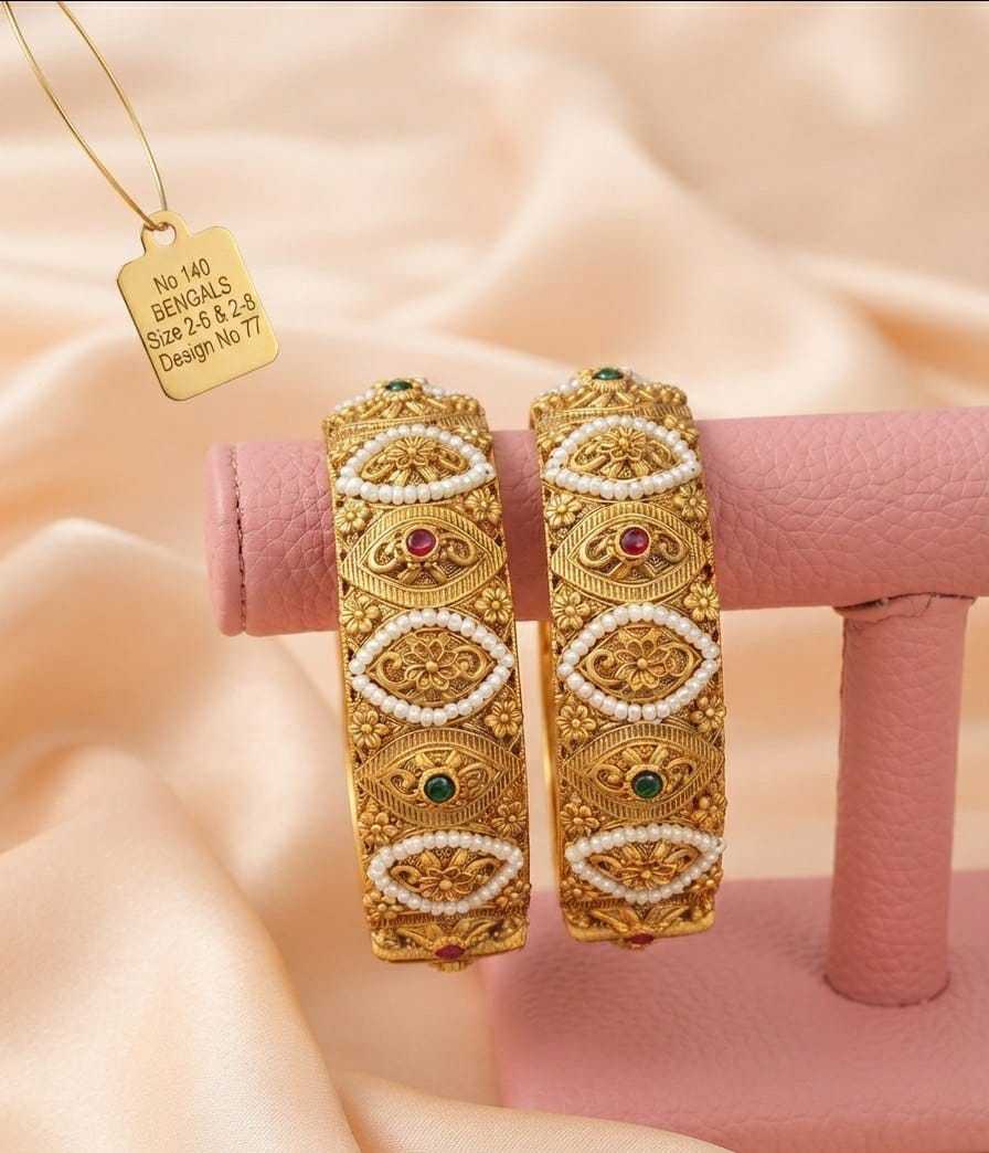 Rajwadi Kada Pair with Faux Pearls and Ruby-Green Stones