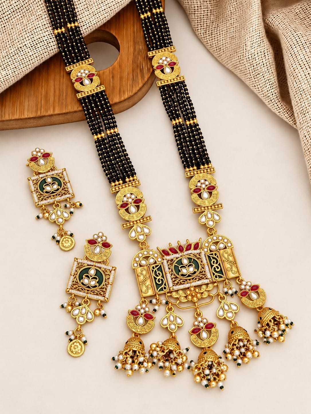 Rajwadi Kundan Long Mangalsutra Set with Green Meenakari Pendant