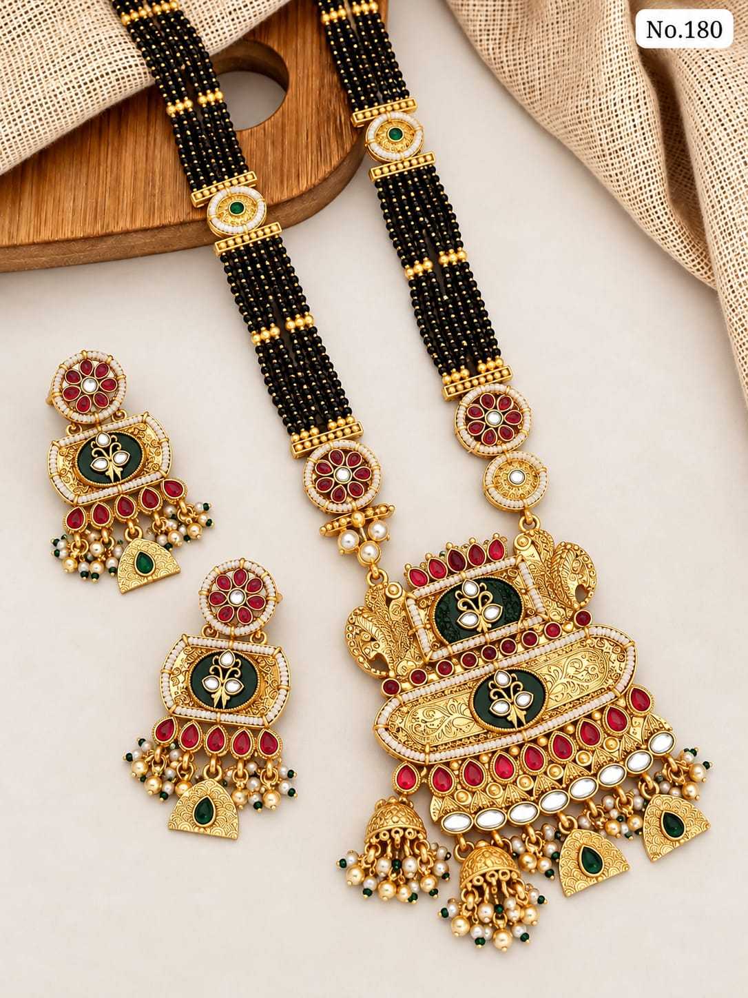 Rajwadi Kundan Long Mangalsutra Set with Green Meenakari Pendant