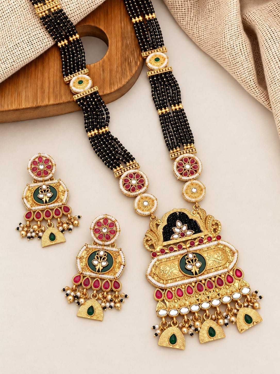 Rajwadi Kundan Long Mangalsutra Set with Green Meenakari Pendant