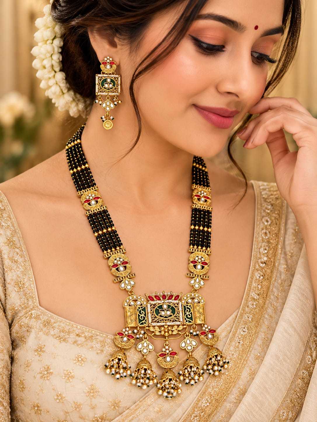 Rajwadi Kundan Long Mangalsutra Set with Green Meenakari Pendant