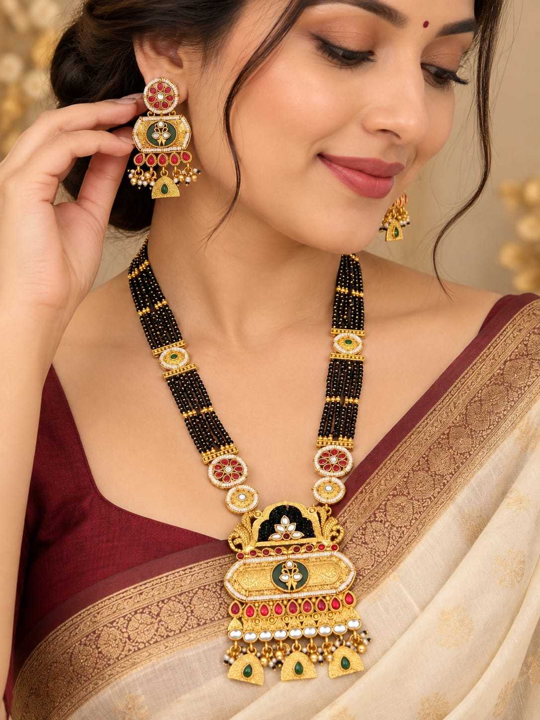 Rajwadi Kundan Long Mangalsutra Set with Green Meenakari Pendant