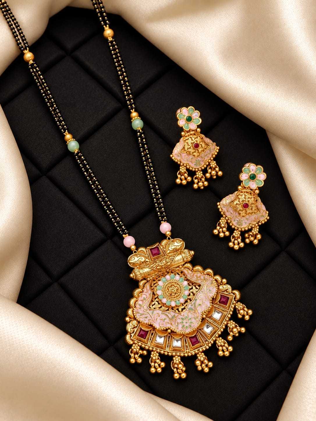Rajwadi Long Mangalsutra Set with Kundan Enamel Pendant and Earrings