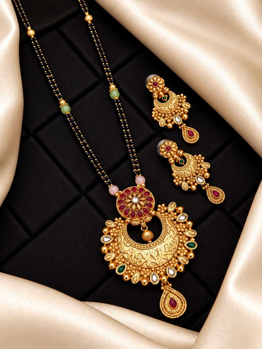 Rajwadi Long Mangalsutra Set with Kundan Enamel Pendant and Earrings