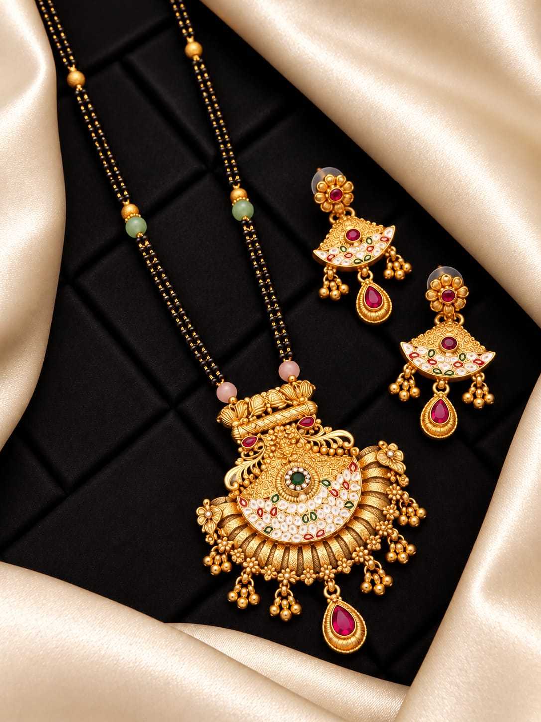 Rajwadi Long Mangalsutra Set with Kundan Enamel Pendant and Earrings