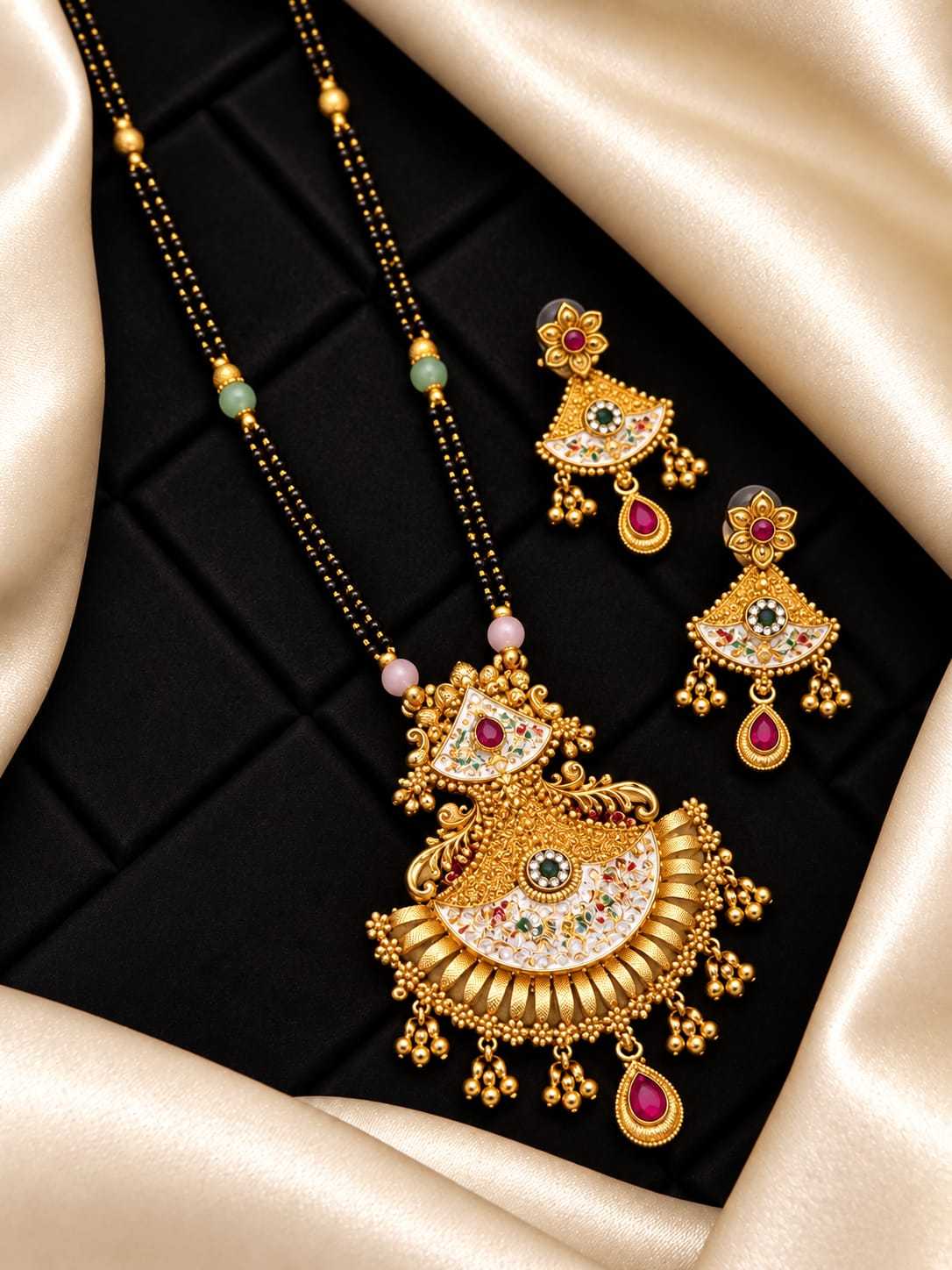 Rajwadi Long Mangalsutra Set with Kundan Enamel Pendant and Earrings