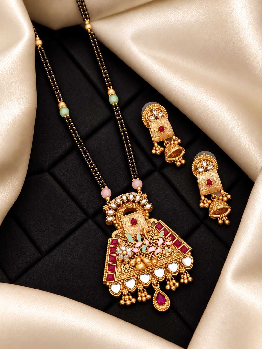 Rajwadi Long Mangalsutra Set with Kundan Enamel Pendant and Earrings