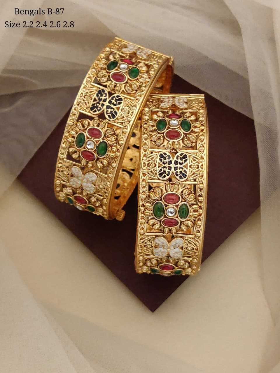 Rajwadi Meenakari Broad Kada Pair with Ruby and Green Stones