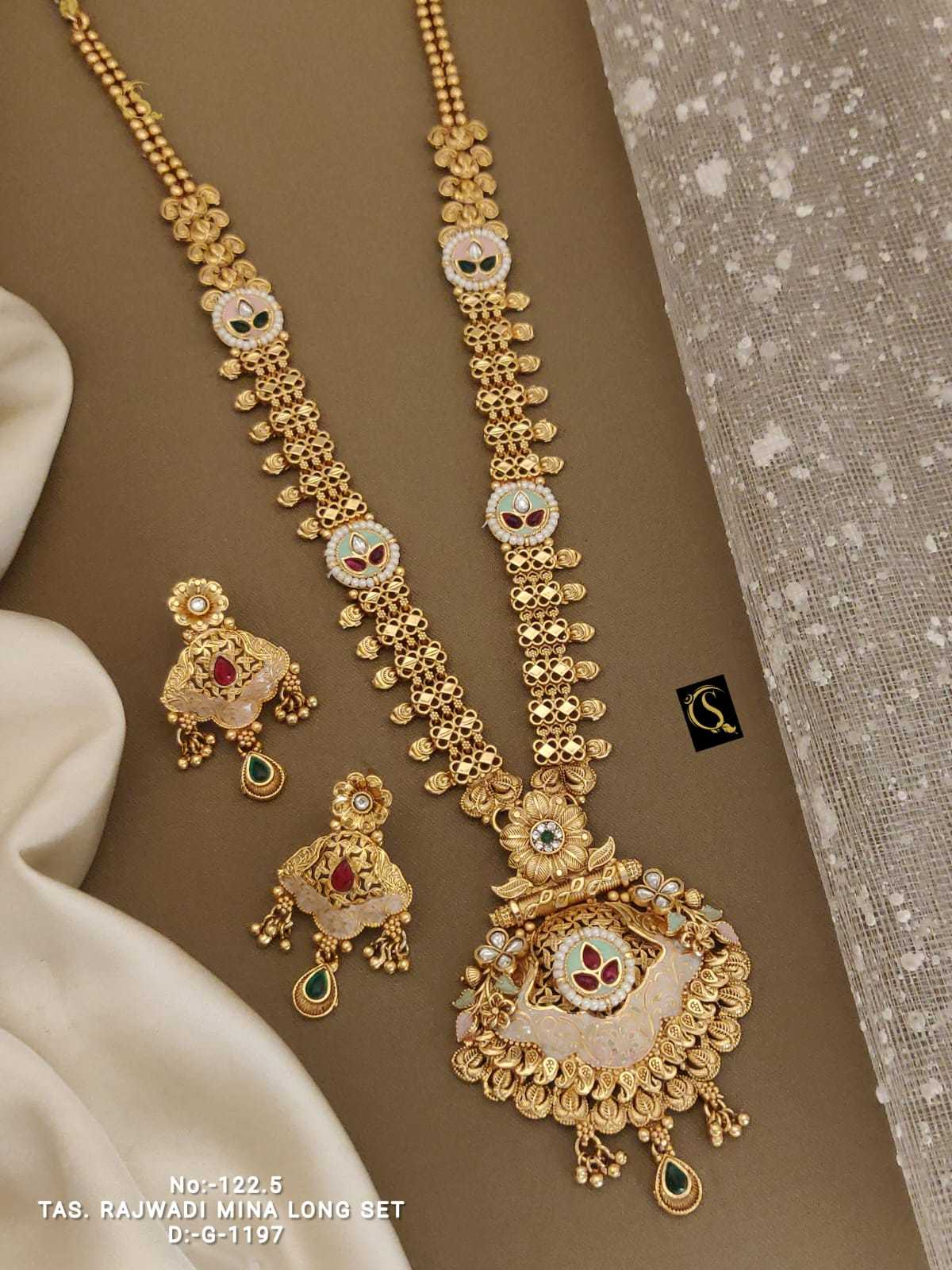 Rajwadi Mina Long Necklace Set with White Enamel Pendant